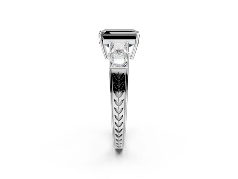 White gold Fancy Black Emerald Cut Solitaire Princess Side Stone Engraved Band Prong Setting Ring_2