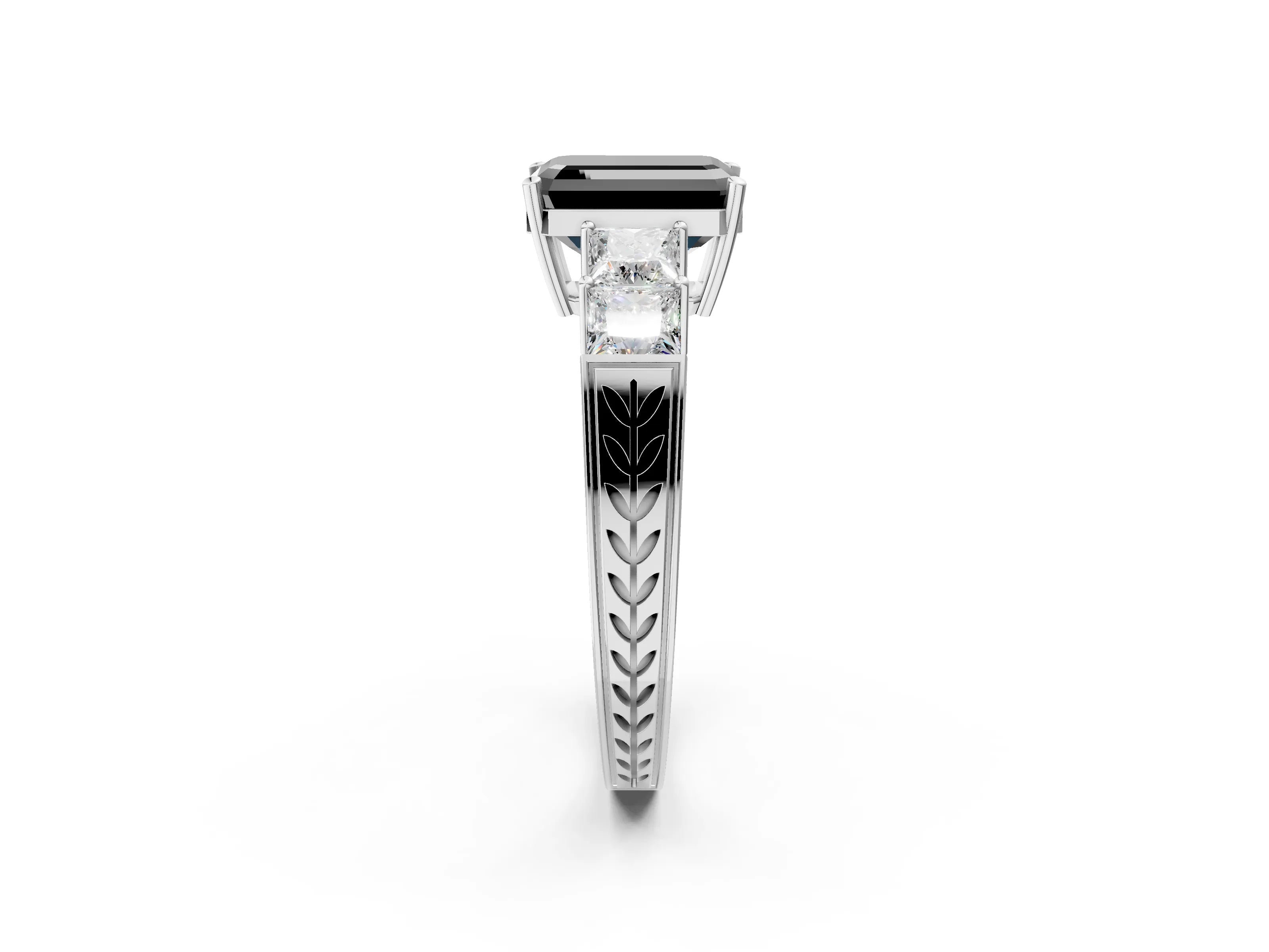 White gold Fancy Black Emerald Cut Solitaire Princess Side Stone Engraved Band Prong Setting Ring_2