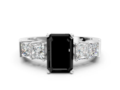 White gold Fancy Black Emerald Cut Solitaire Princess Side Stone Engraved Band Prong Setting Ring