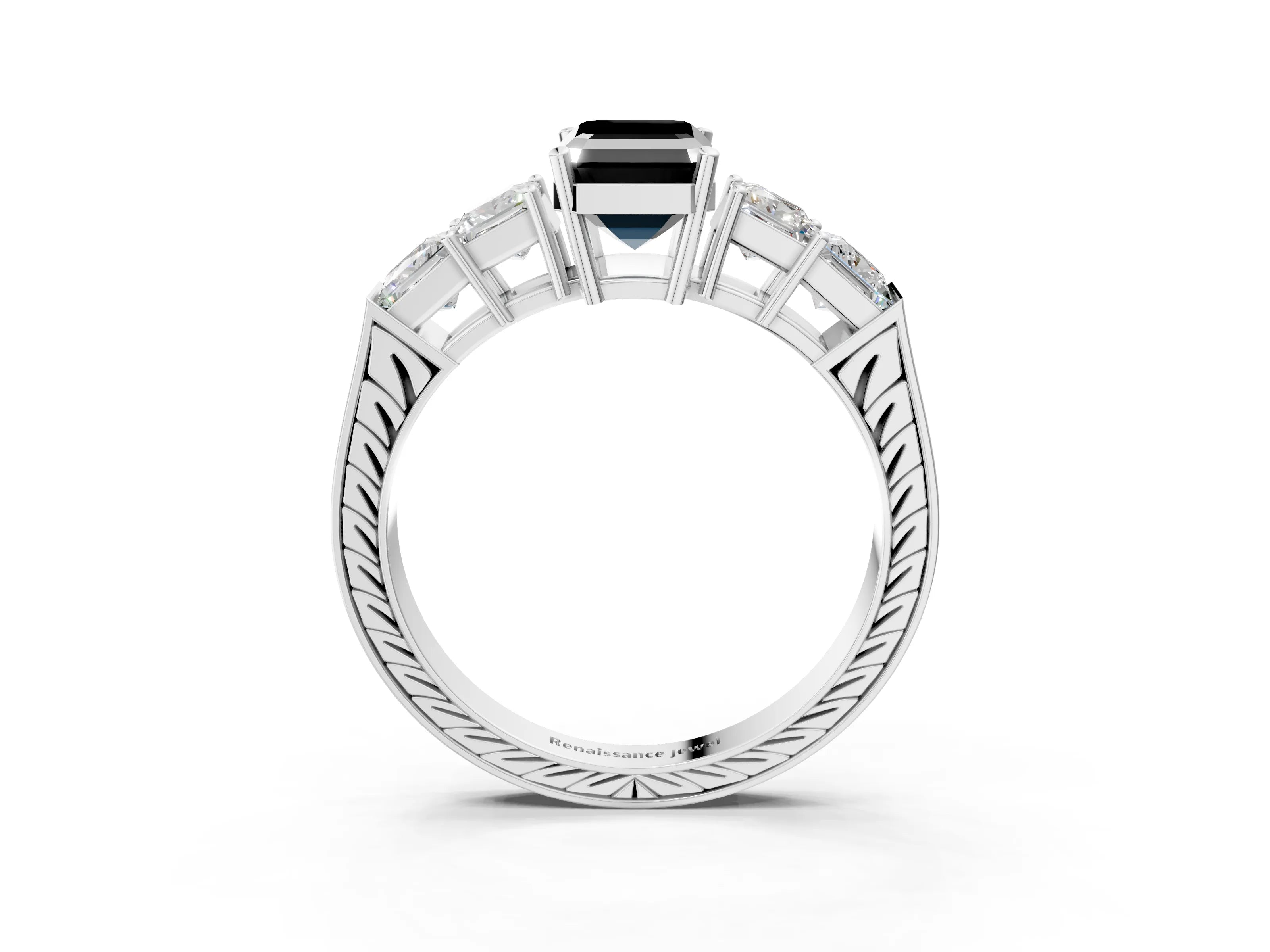 White gold Fancy Black Emerald Cut Solitaire Princess Side Stone Engraved Band Prong Setting Ring_3