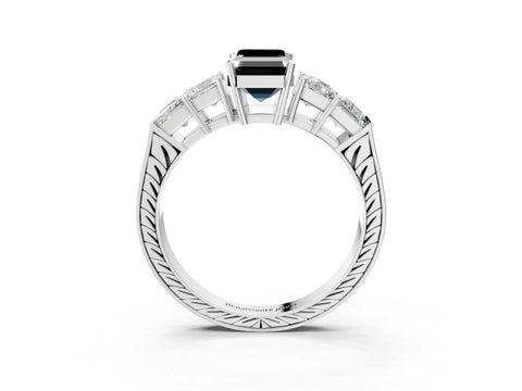 White gold Fancy Black Emerald Cut Solitaire Princess Side Stone Engraved Band Prong Setting Ring_3
