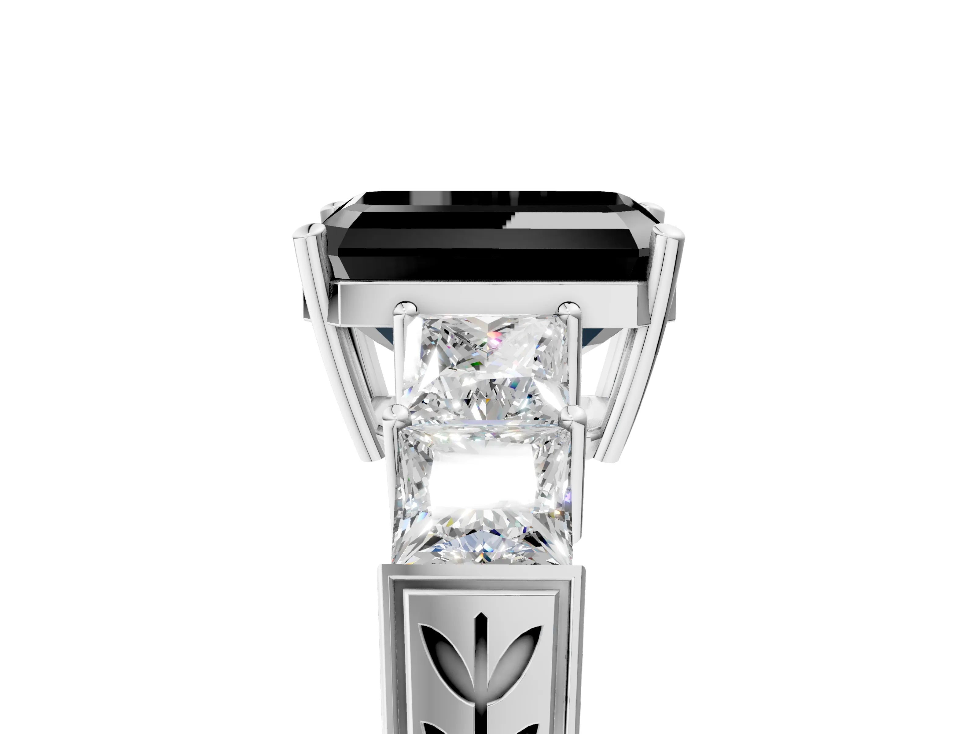 White gold Fancy Black Emerald Cut Solitaire Princess Side Stone Engraved Band Prong Setting Ring_5