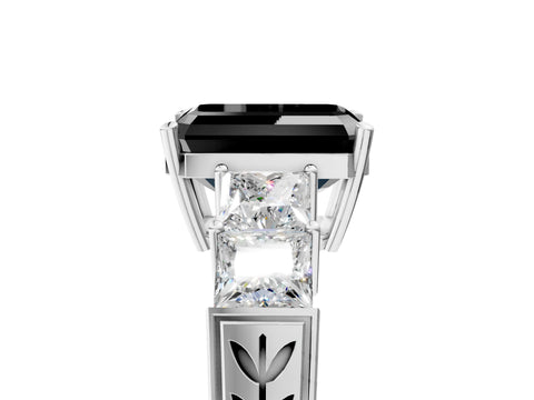 White gold Fancy Black Emerald Cut Solitaire Princess Side Stone Engraved Band Prong Setting Ring_5