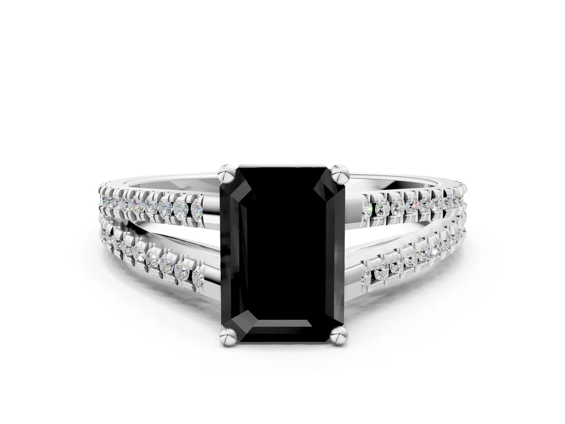 White gold Fancy Black Emerald Cut Solitaire Split Shank Pavé Diamond Engagement Ring