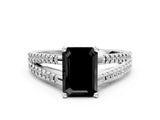White gold Fancy Black Emerald Cut Solitaire Split Shank Pavé Diamond Engagement Ring