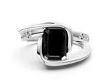 White gold Fancy Black Emerald Cut Solitaire Tension-Set Diamond Split Shank Ring