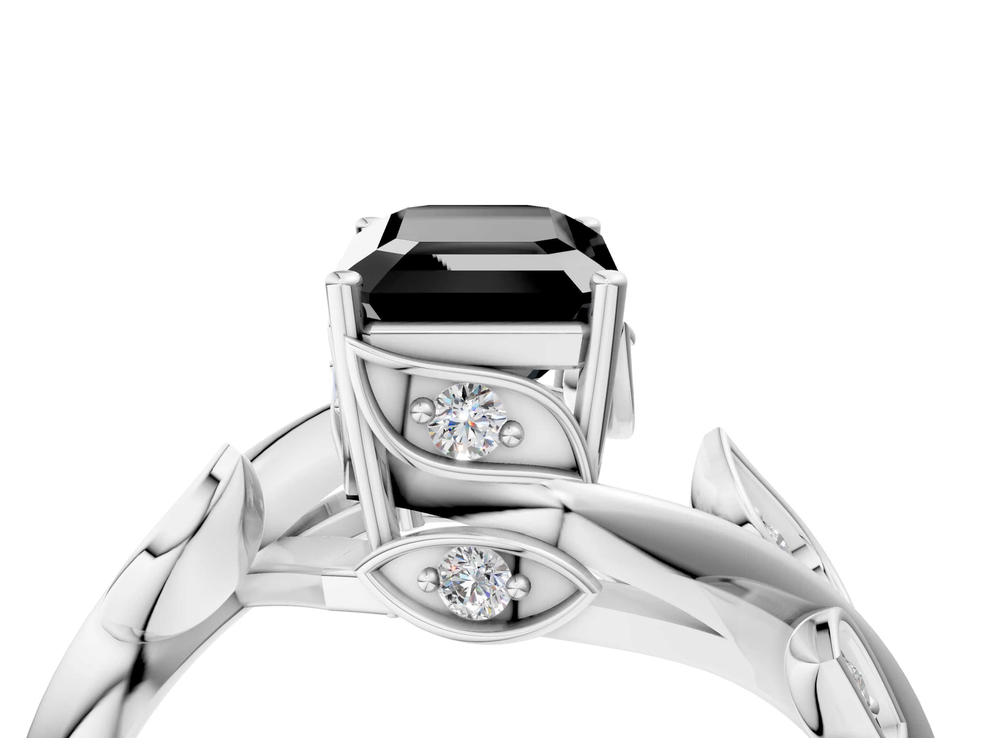 White gold Fancy Black Emerald Cut Solitaire Twist Engagement Ring with Leaf Accents and Prong Setting_16