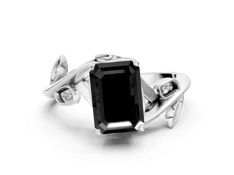 White gold Fancy Black Emerald Cut Solitaire Twist Engagement Ring with Leaf Accents and Prong Setting_1