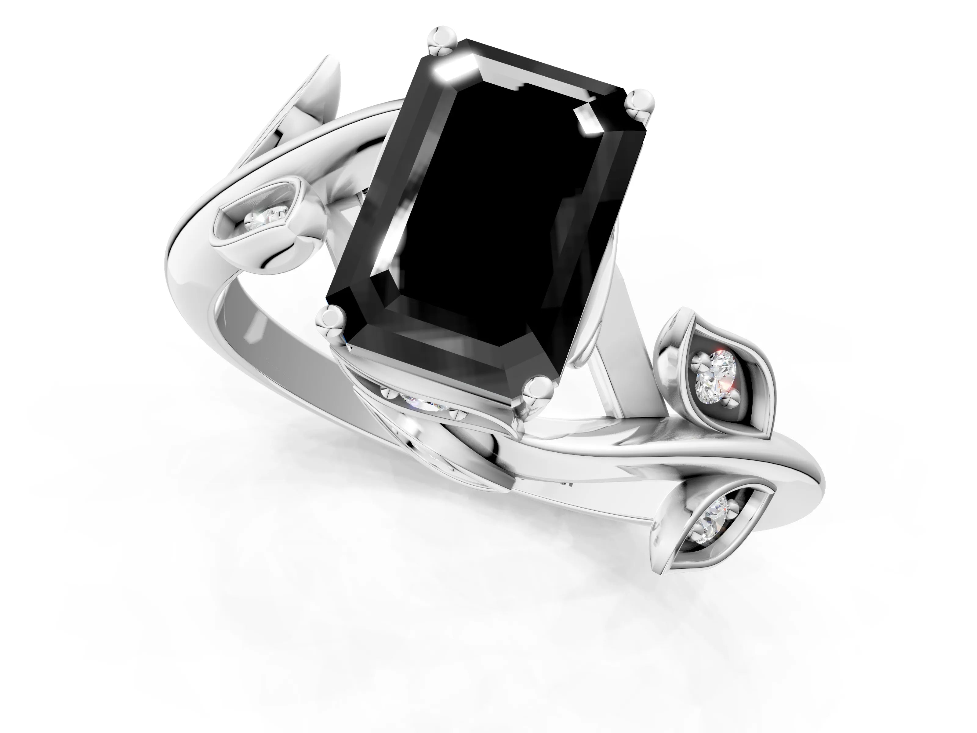 White gold Fancy Black Emerald Cut Solitaire Twist Engagement Ring with Leaf Accents and Prong Setting_2