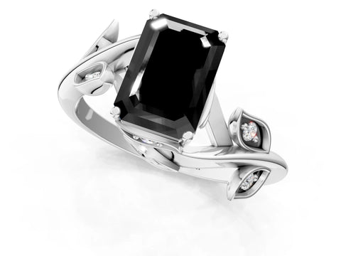 White gold Fancy Black Emerald Cut Solitaire Twist Engagement Ring with Leaf Accents and Prong Setting_2
