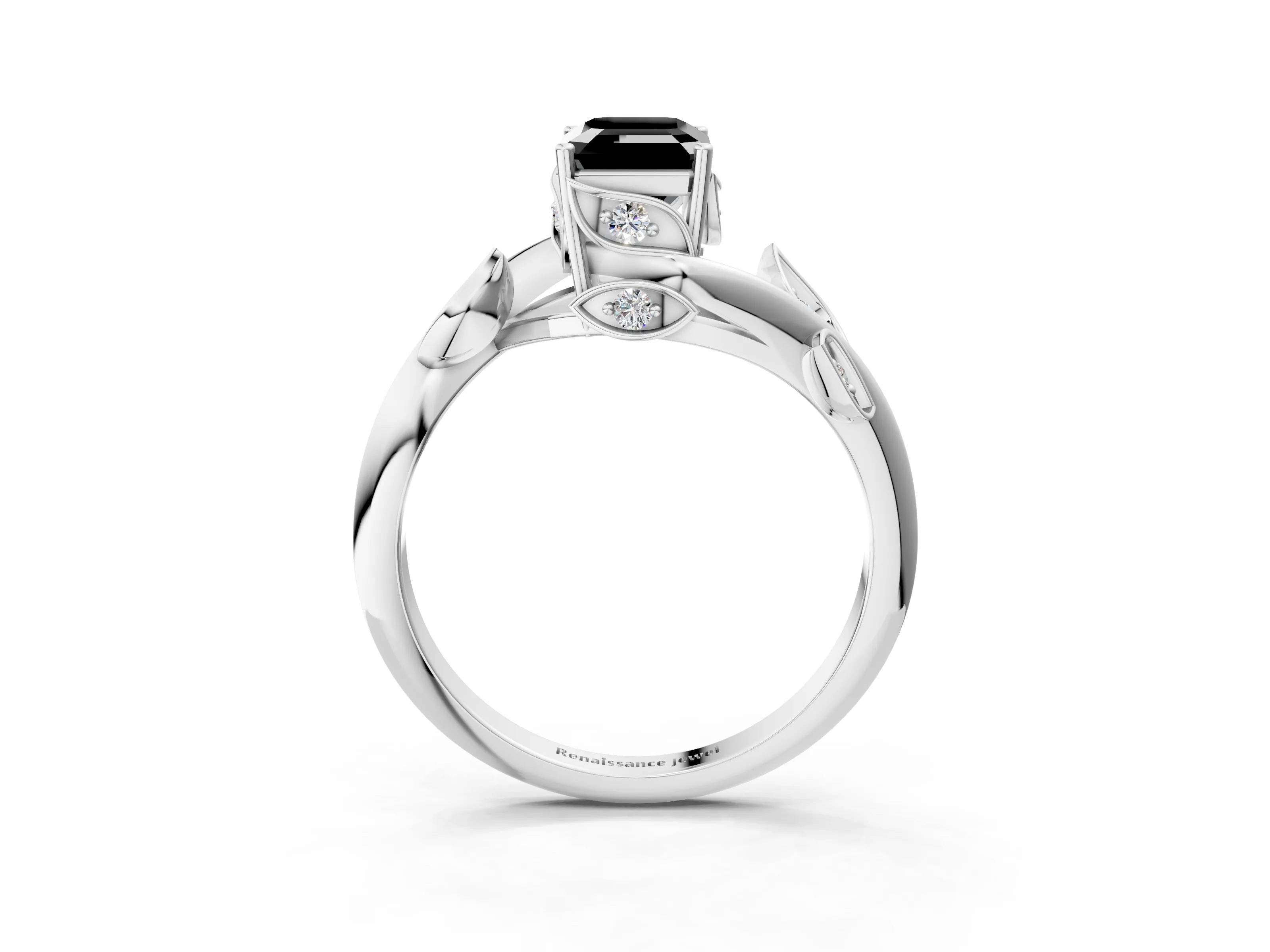White gold Fancy Black Emerald Cut Solitaire Twist Engagement Ring with Leaf Accents and Prong Setting_4