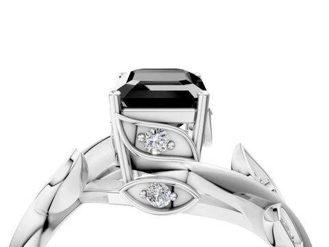 White gold Fancy Black Emerald Cut Solitaire Twist Engagement Ring with Leaf Accents and Prong Setting_4