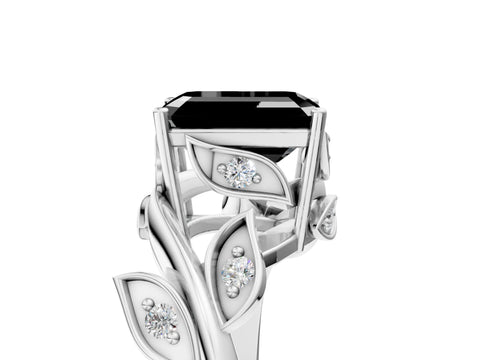 White gold Fancy Black Emerald Cut Solitaire Twist Engagement Ring with Leaf Accents and Prong Setting_5
