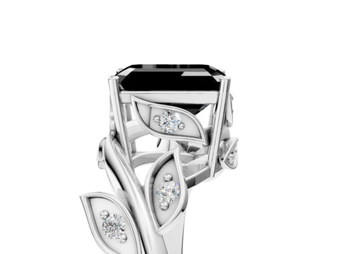White gold Fancy Black Emerald Cut Solitaire Twist Engagement Ring with Leaf Accents and Prong Setting_5