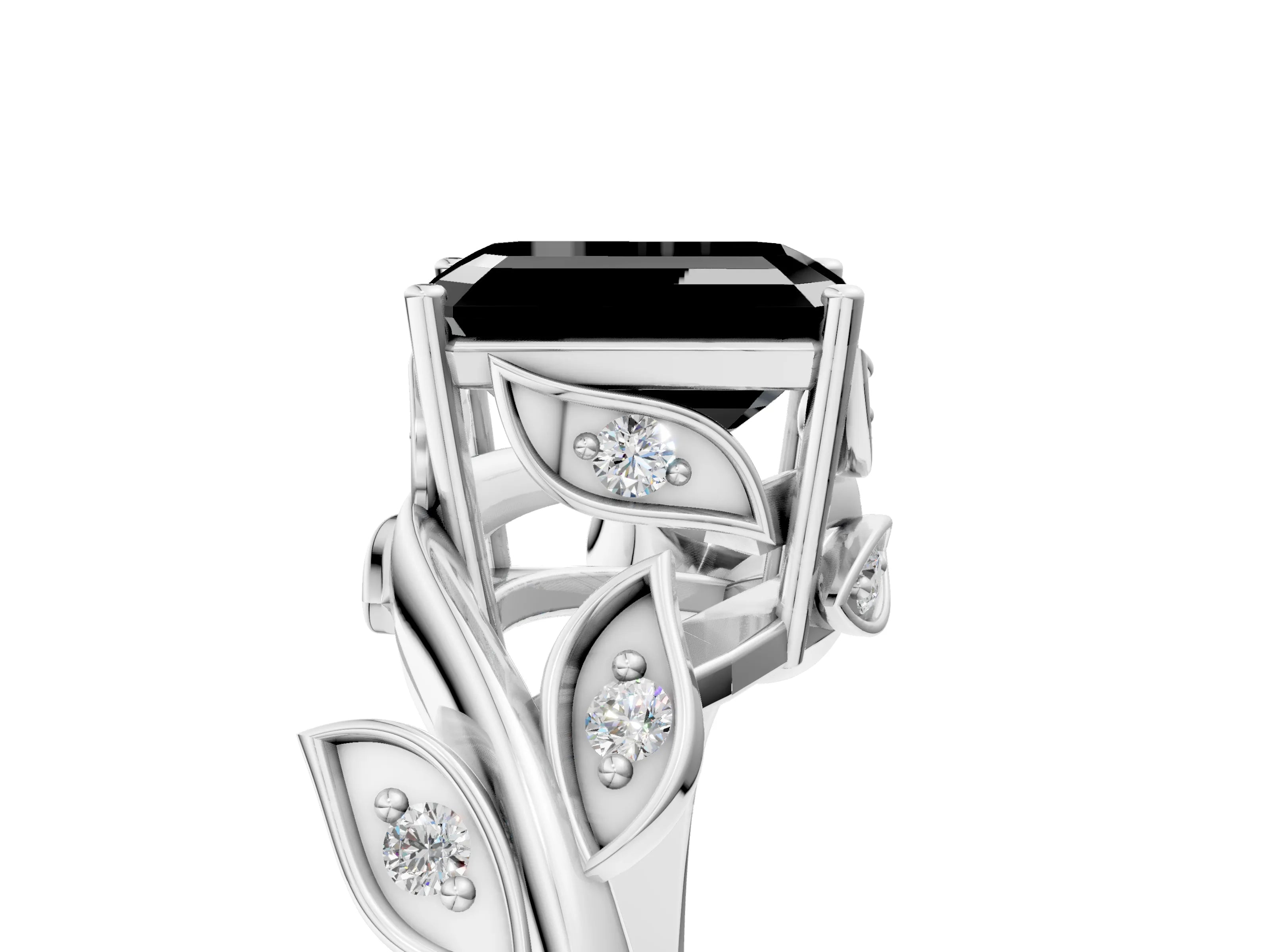 White gold Fancy Black Emerald Cut Solitaire Twist Engagement Ring with Leaf Accents and Prong Setting_6