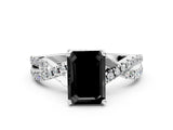 White gold Fancy Black Emerald Cut Solitaire Twist Pave Diamond Engagement Ring with Prong Setting_1