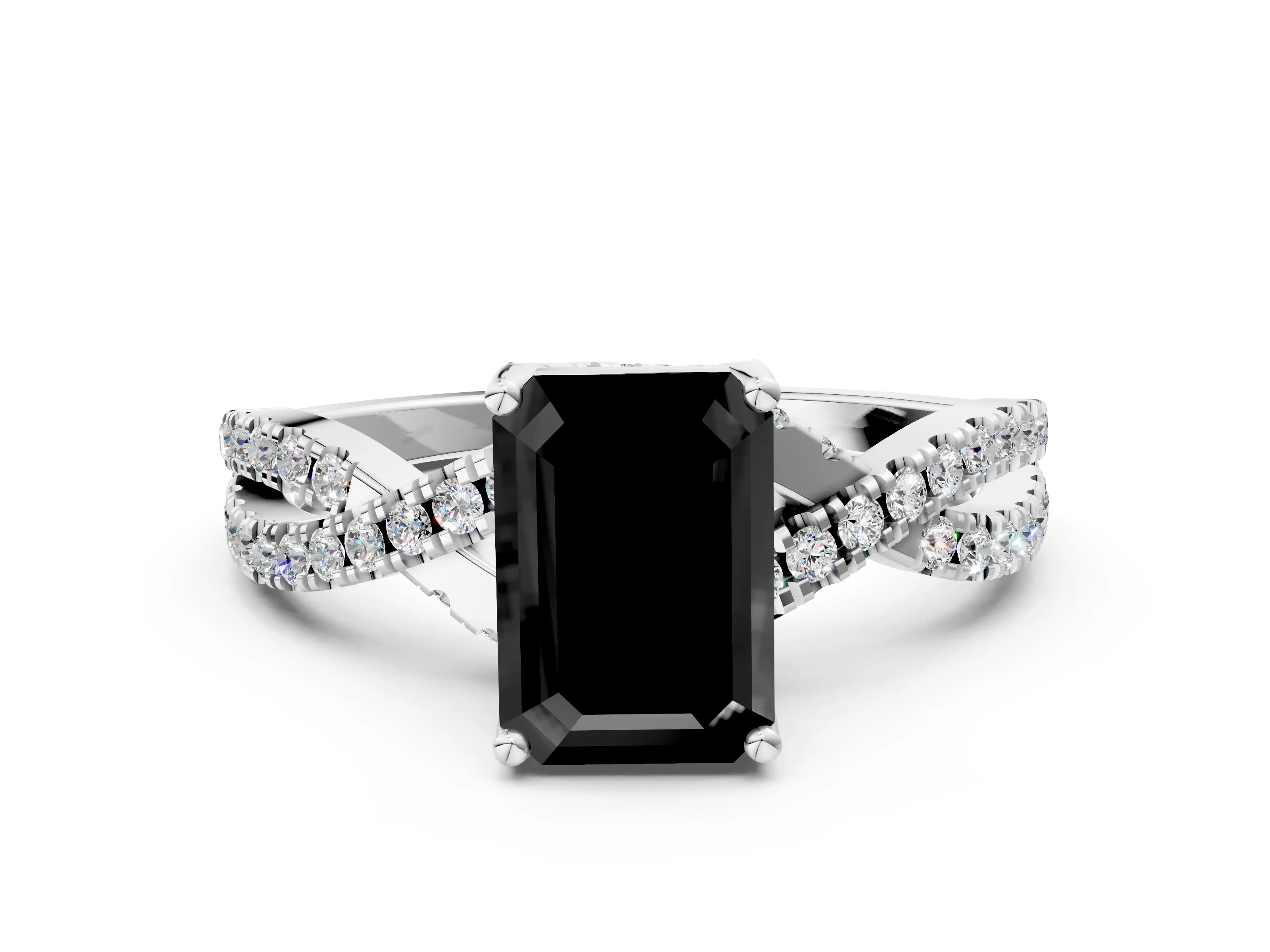 White gold Fancy Black Emerald Cut Solitaire Twist Pave Diamond Engagement Ring with Prong Setting_12
