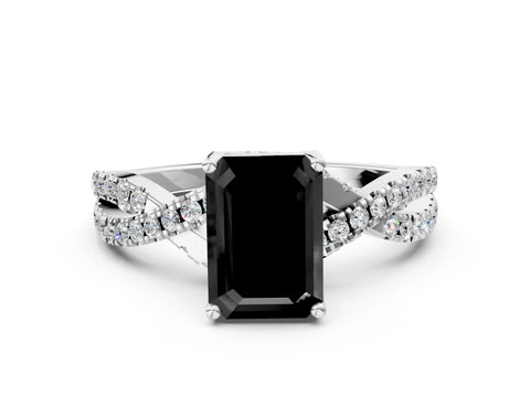 White gold Fancy Black Emerald Cut Solitaire Twist Pave Diamond Engagement Ring with Prong Setting_12