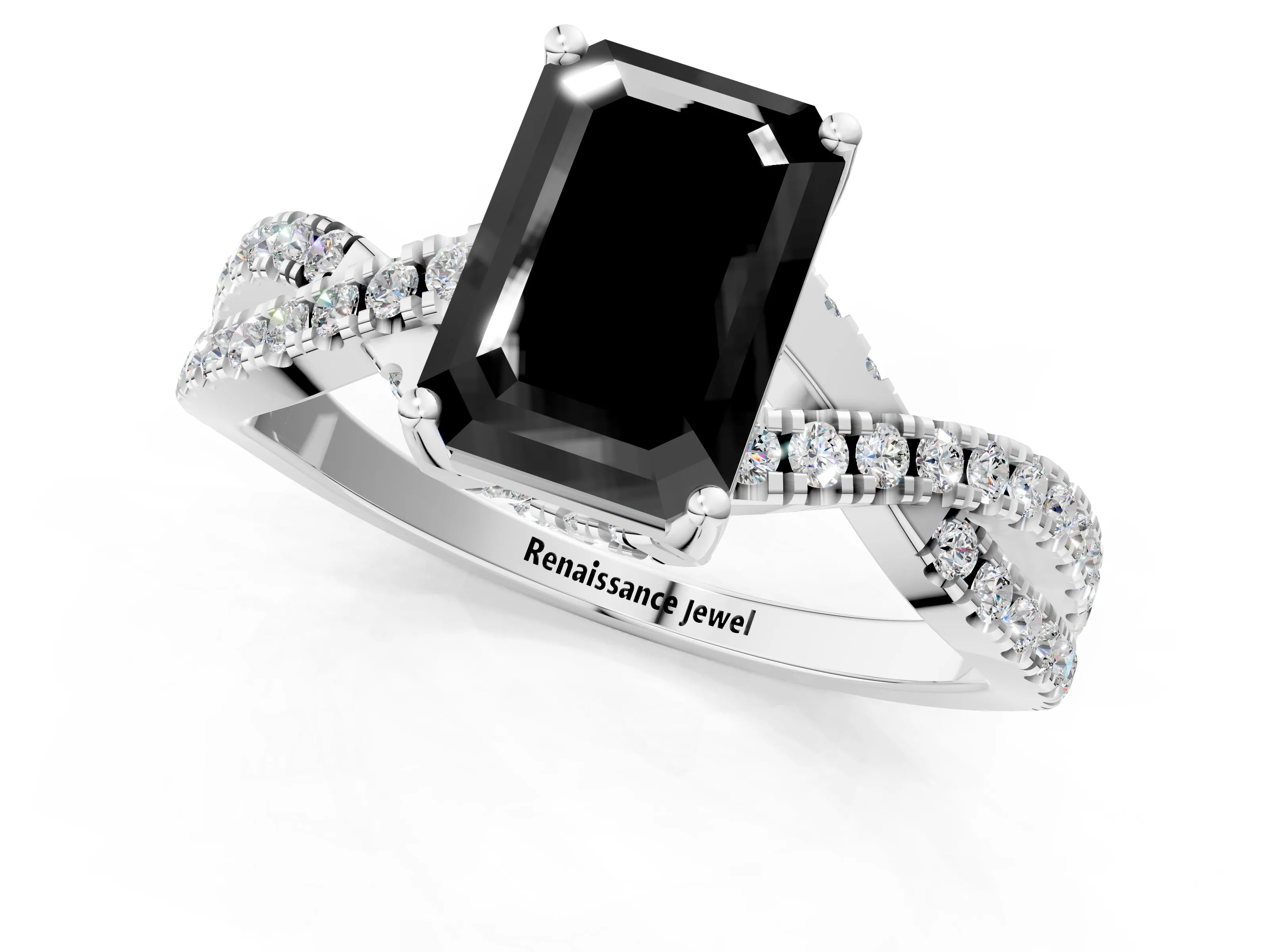White gold Fancy Black Emerald Cut Solitaire Twist Pave Diamond Engagement Ring with Prong Setting_13
