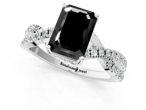 White gold Fancy Black Emerald Cut Solitaire Twist Pave Diamond Engagement Ring with Prong Setting_13