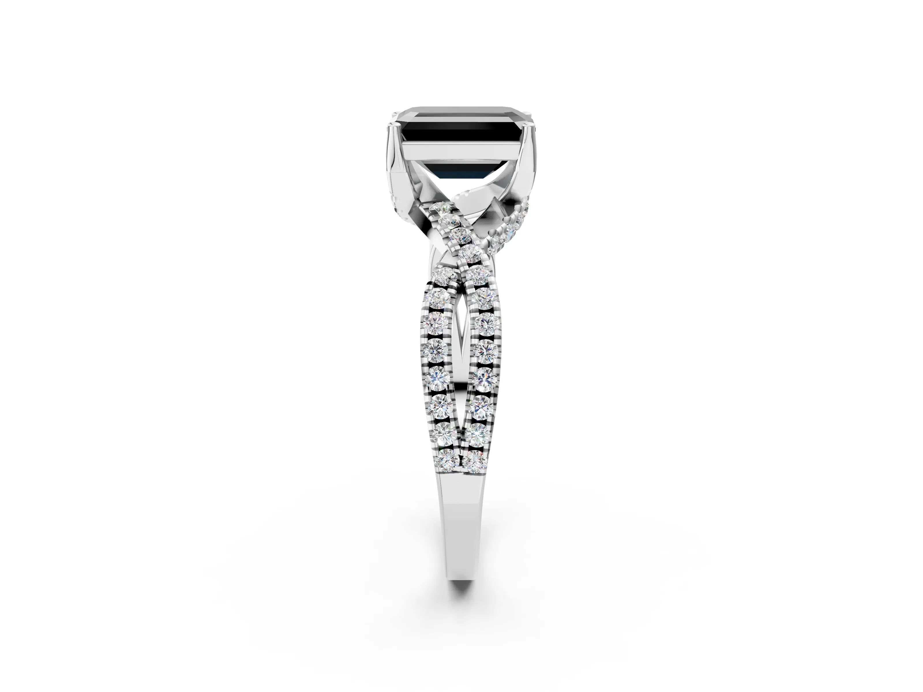 White gold Fancy Black Emerald Cut Solitaire Twist Pave Diamond Engagement Ring with Prong Setting_14