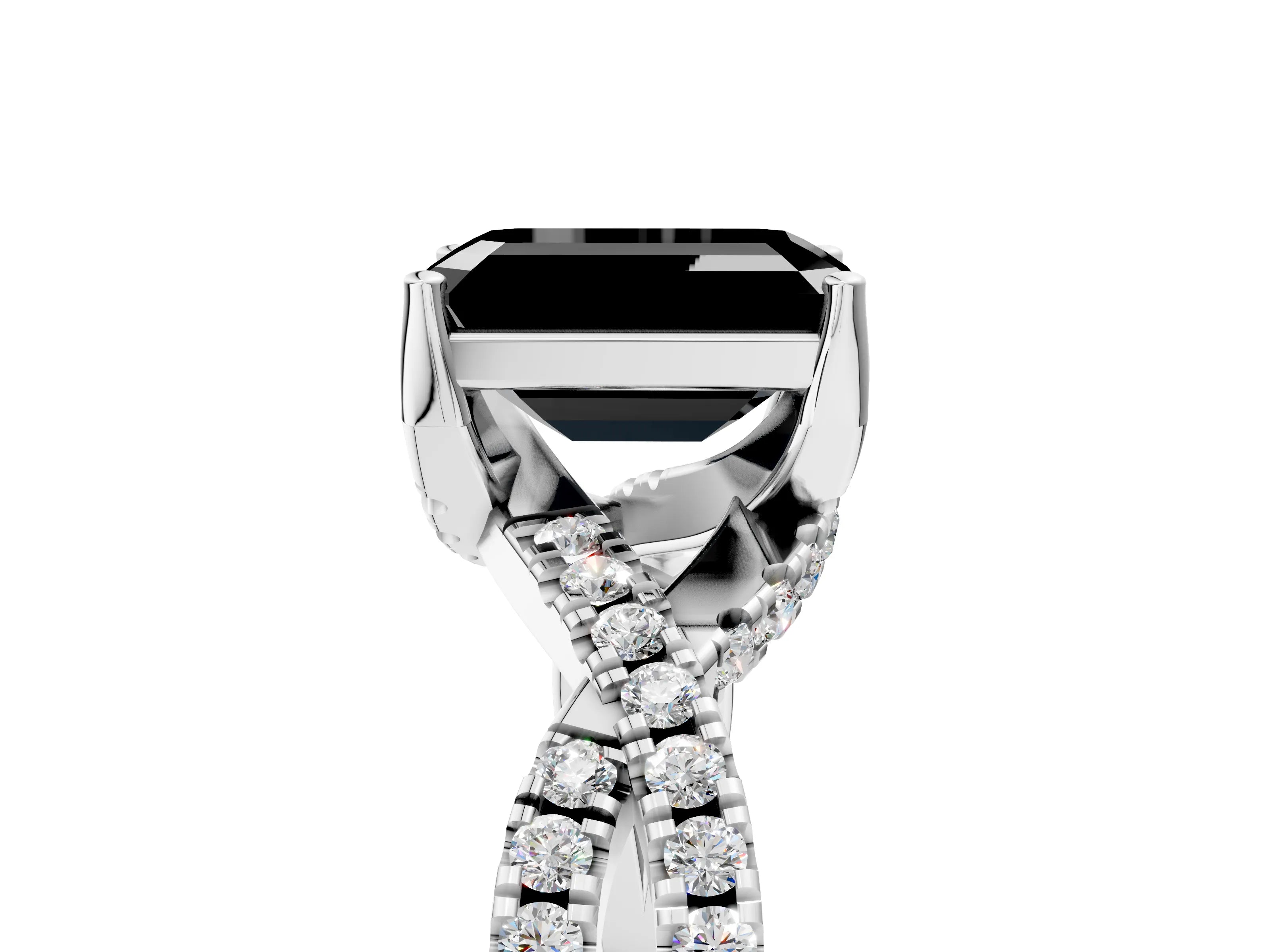 White gold Fancy Black Emerald Cut Solitaire Twist Pave Diamond Engagement Ring with Prong Setting_17