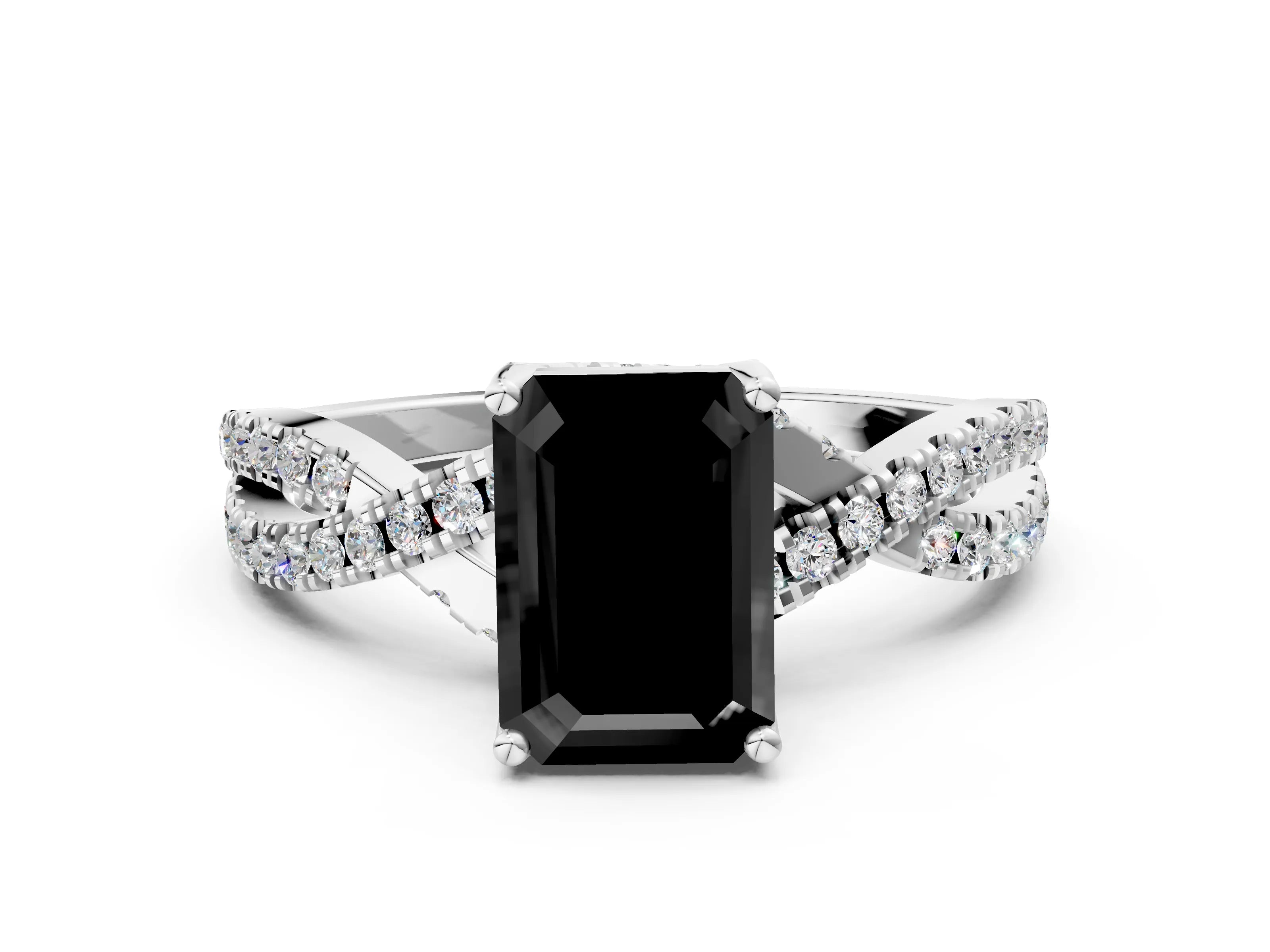 White gold Fancy Black Emerald Cut Solitaire Twist Pave Diamond Engagement Ring with Prong Setting_18