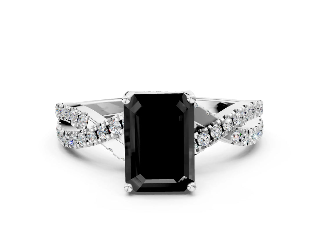 White gold Fancy Black Emerald Cut Solitaire Twist Pave Diamond Engagement Ring with Prong Setting_18