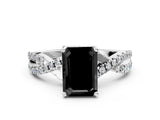 White gold Fancy Black Emerald Cut Solitaire Twist Pave Diamond Engagement Ring with Prong Setting_18