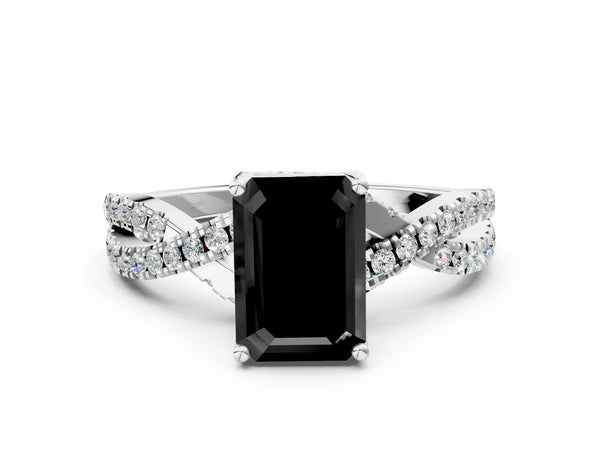 White gold Fancy Black Emerald Cut Solitaire Twist Pave Diamond Engagement Ring with Prong Setting