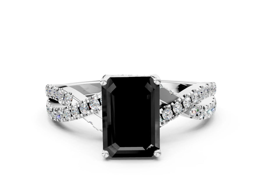 White gold Fancy Black Emerald Cut Solitaire Twist Pave Diamond Engagement Ring with Prong Setting