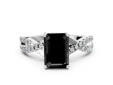 White gold Fancy Black Emerald Cut Solitaire Twist Pave Diamond Engagement Ring with Prong Setting_18