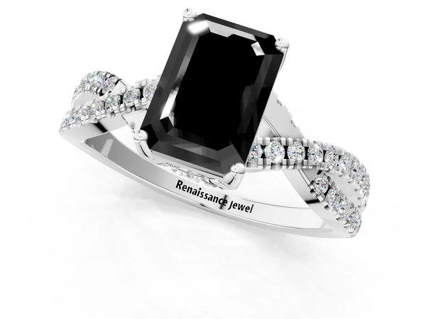 White gold Fancy Black Emerald Cut Solitaire Twist Pave Diamond Engagement Ring with Prong Setting