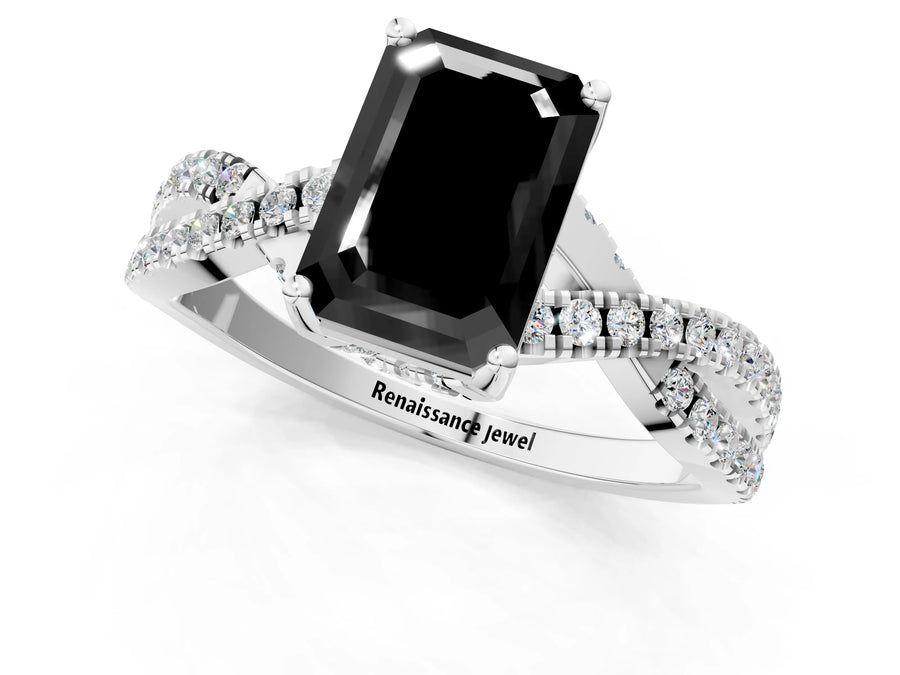 White gold Fancy Black Emerald Cut Solitaire Twist Pave Diamond Engagement Ring with Prong Setting