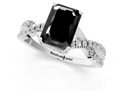 White gold Fancy Black Emerald Cut Solitaire Twist Pave Diamond Engagement Ring with Prong Setting_19