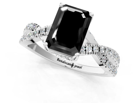 White gold Fancy Black Emerald Cut Solitaire Twist Pave Diamond Engagement Ring with Prong Setting_1