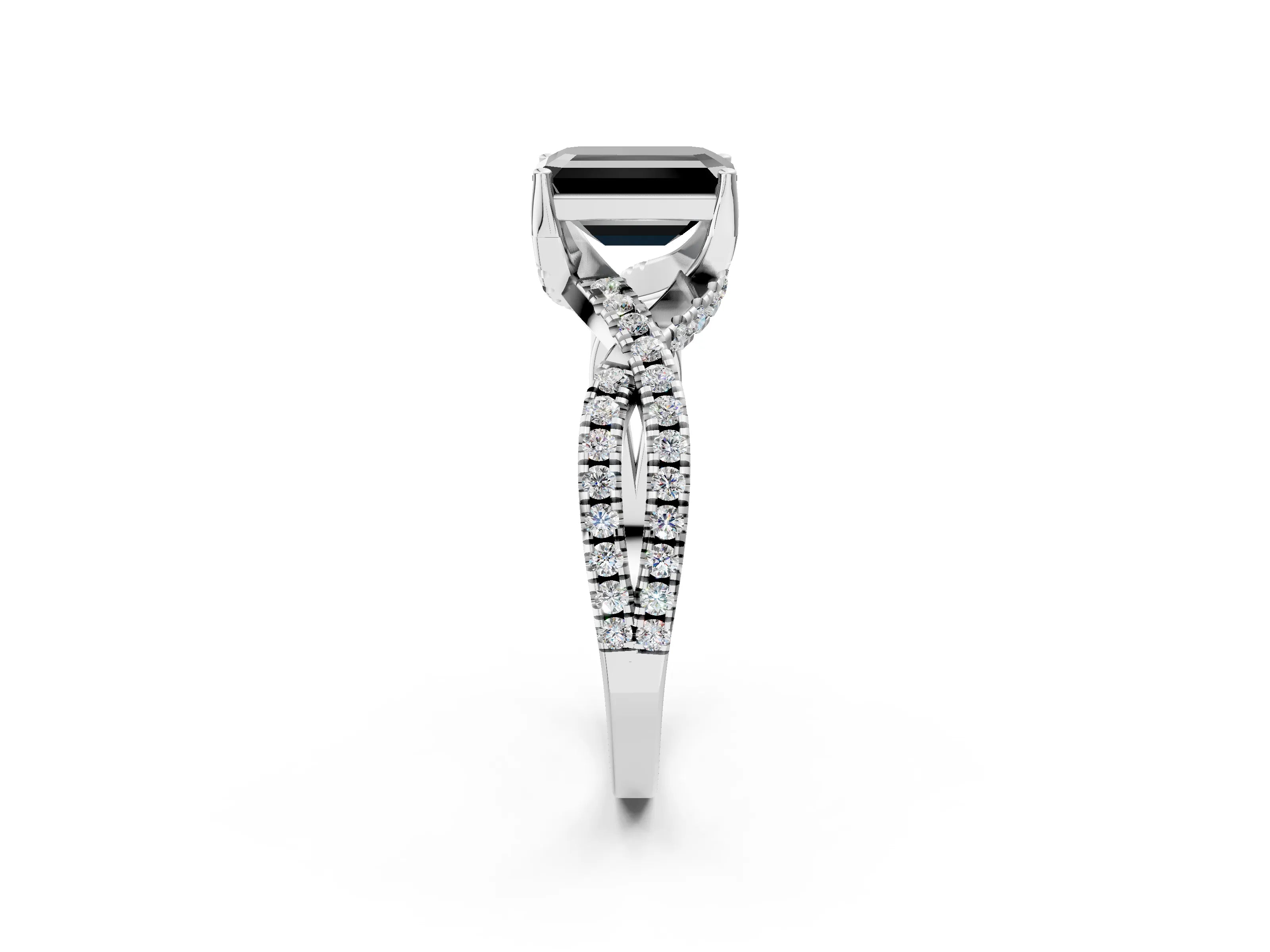 White gold Fancy Black Emerald Cut Solitaire Twist Pave Diamond Engagement Ring with Prong Setting_20