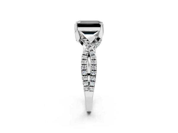 White gold Fancy Black Emerald Cut Solitaire Twist Pave Diamond Engagement Ring with Prong Setting