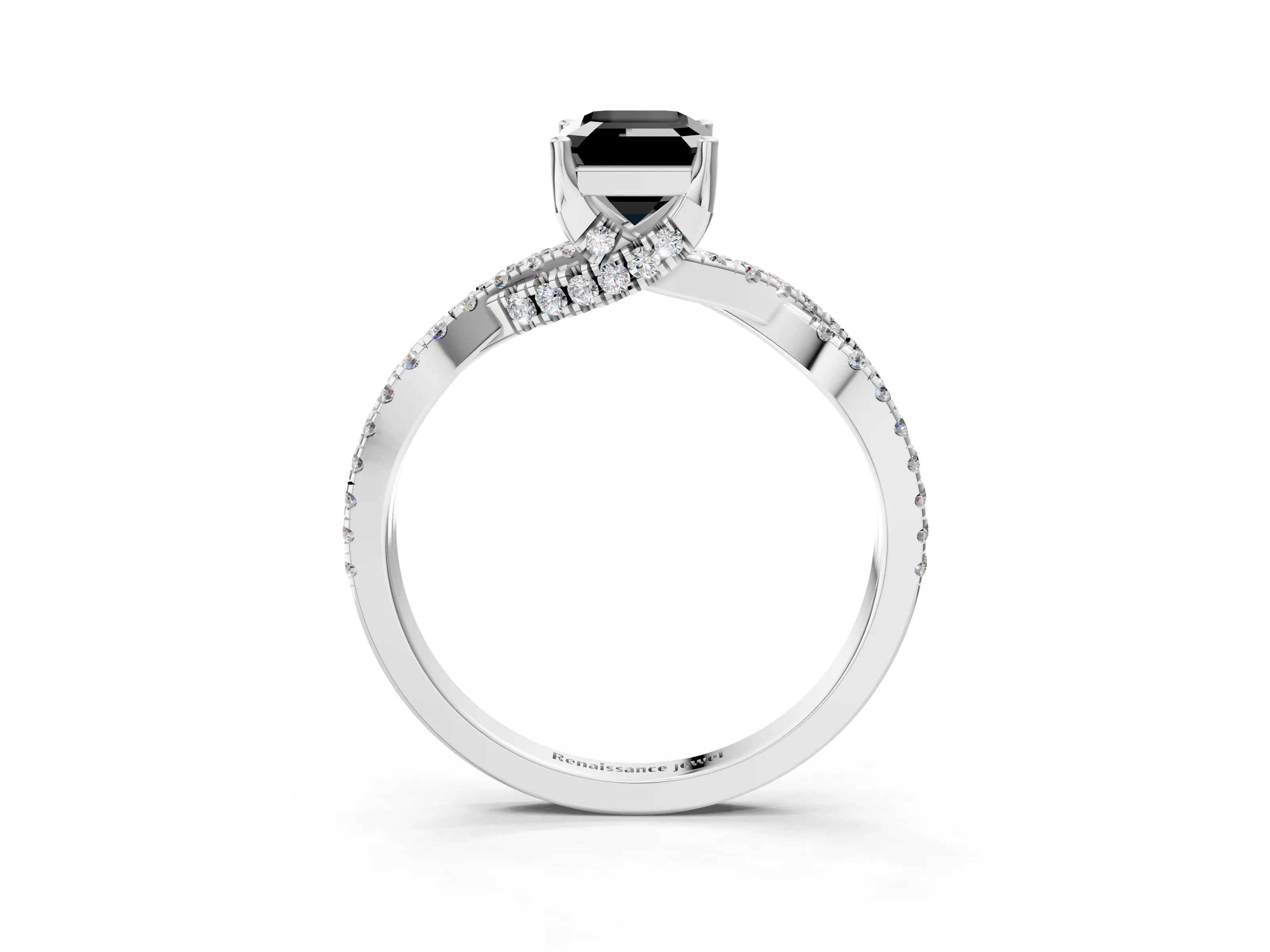 White gold Fancy Black Emerald Cut Solitaire Twist Pave Diamond Engagement Ring with Prong Setting_21