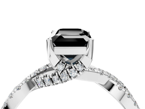 White gold Fancy Black Emerald Cut Solitaire Twist Pave Diamond Engagement Ring with Prong Setting_22