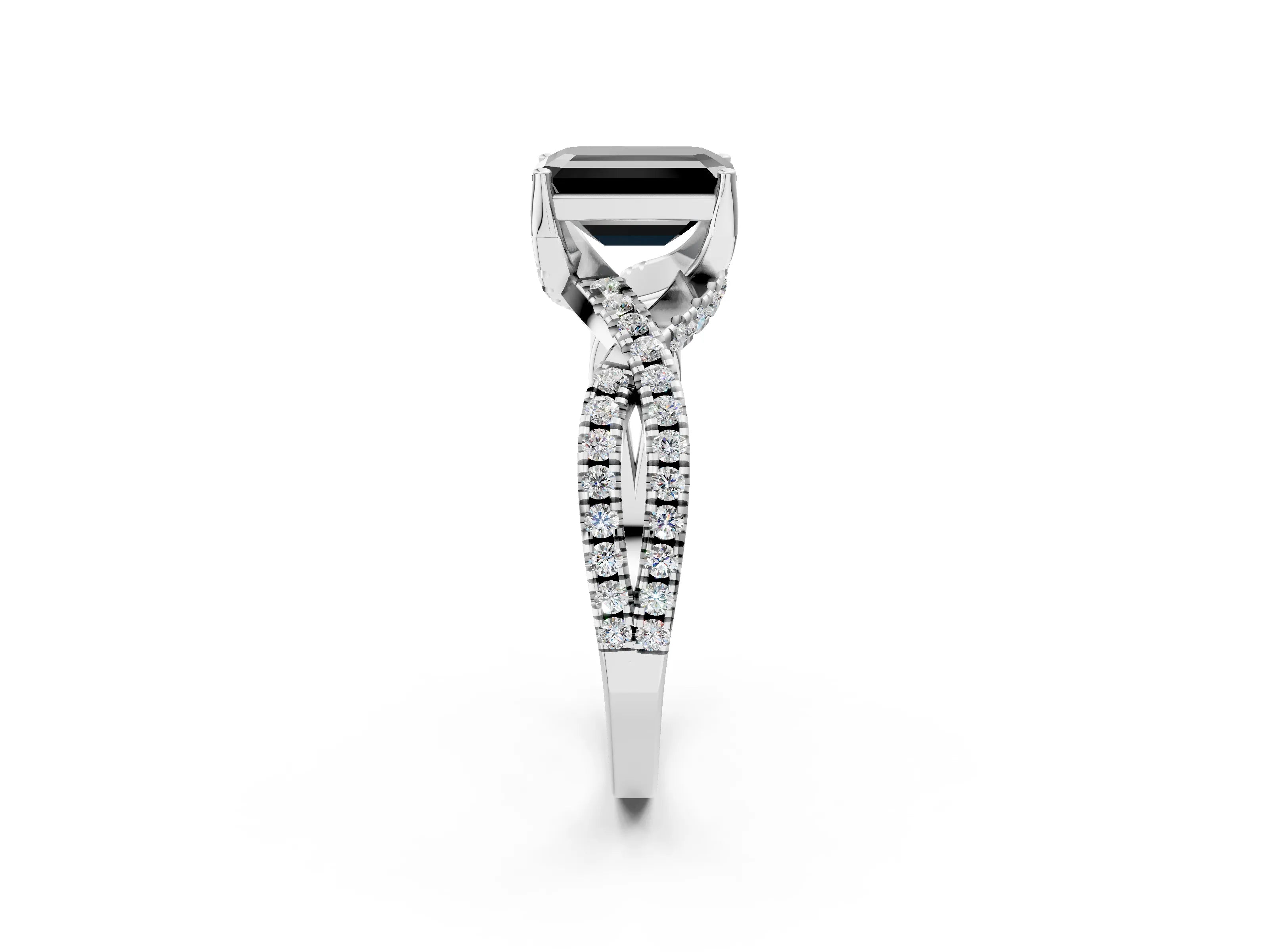 White gold Fancy Black Emerald Cut Solitaire Twist Pave Diamond Engagement Ring with Prong Setting_2