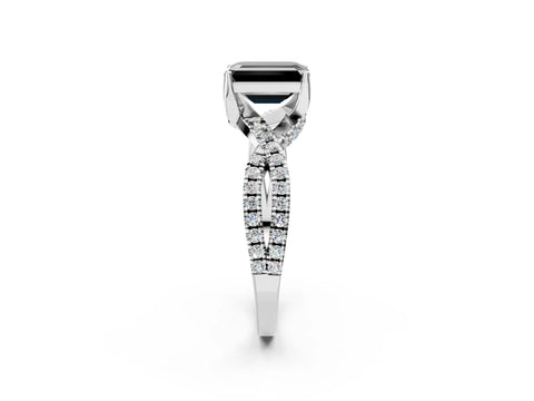 White gold Fancy Black Emerald Cut Solitaire Twist Pave Diamond Engagement Ring with Prong Setting_2