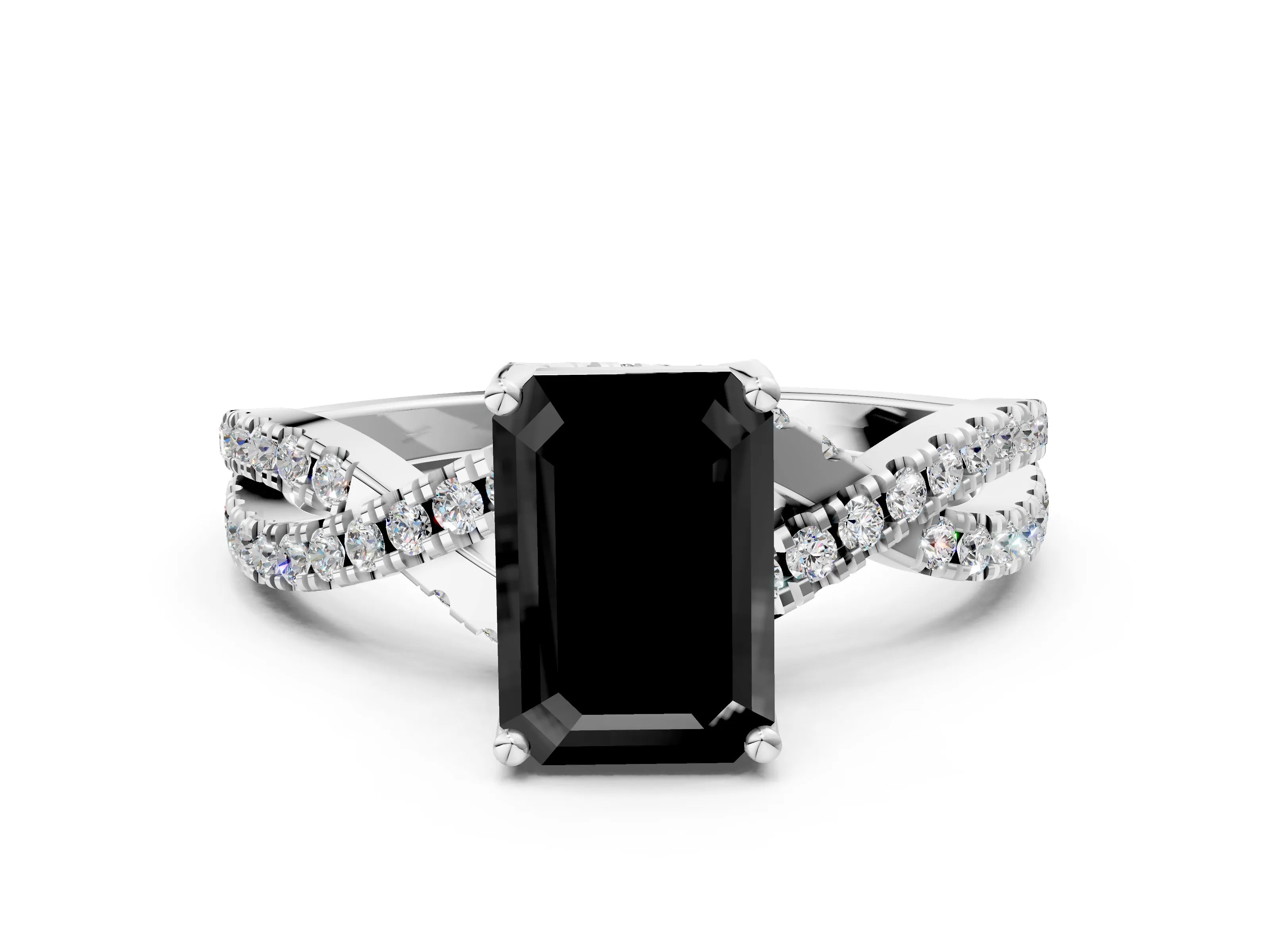 White gold Fancy Black Emerald Cut Solitaire Twist Pave Diamond Engagement Ring with Prong Setting_42