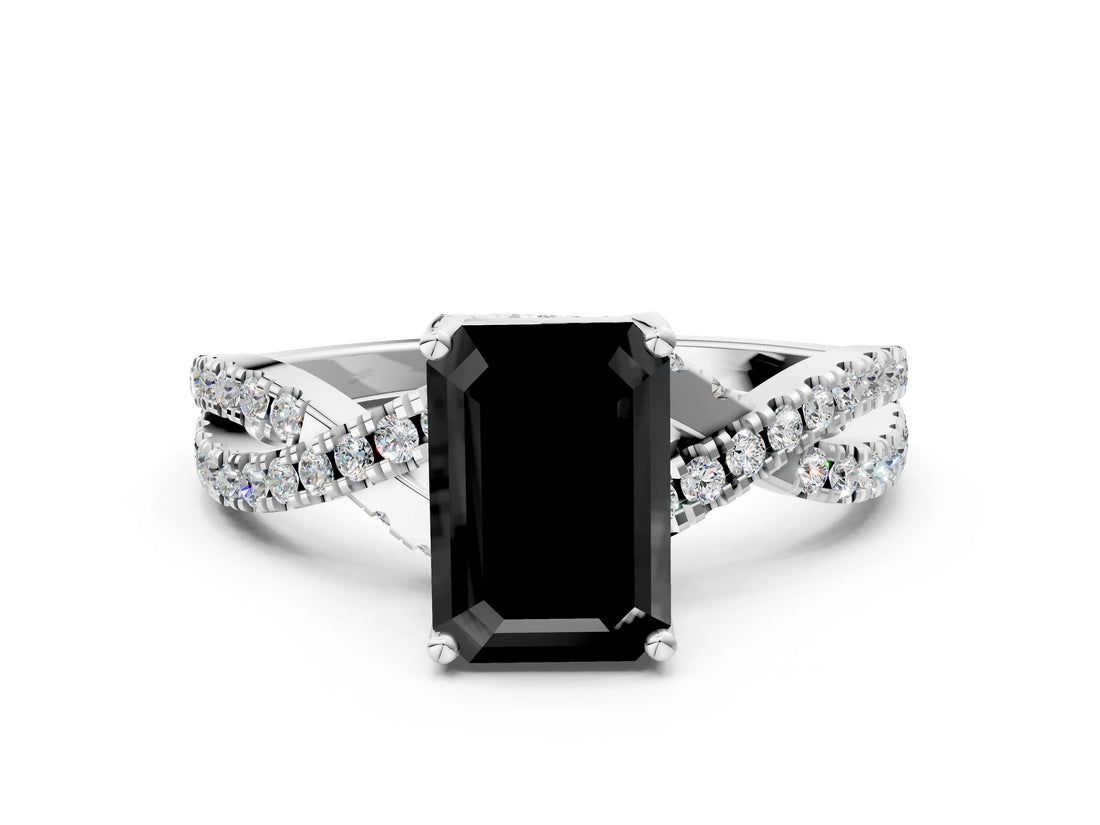 White gold Fancy Black Emerald Cut Solitaire Twist Pave Diamond Engagement Ring with Prong Setting_48