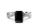 White gold Fancy Black Emerald Cut Solitaire Twist Pave Diamond Engagement Ring with Prong Setting_48