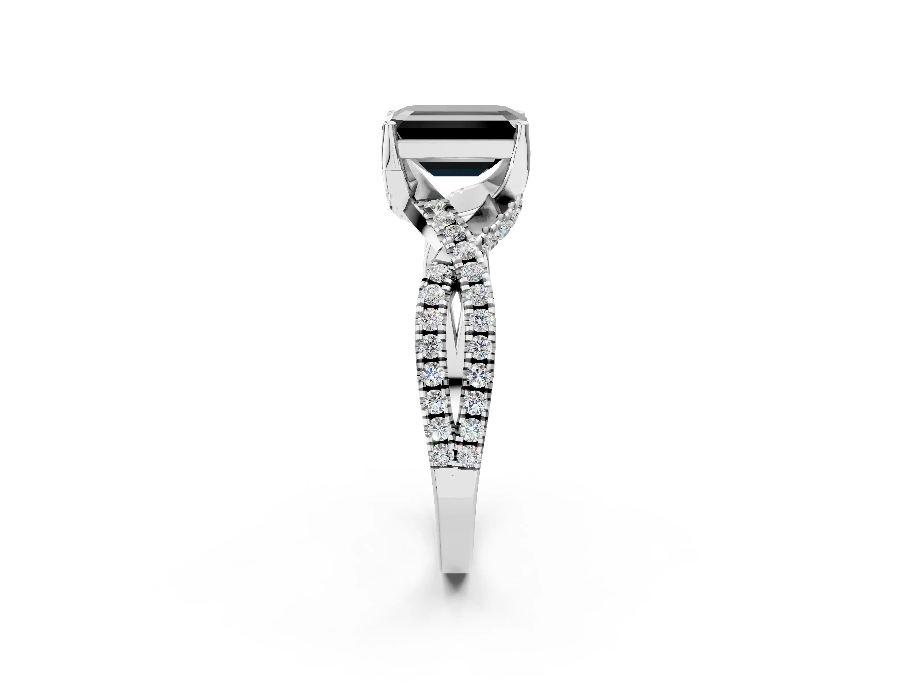 White gold Fancy Black Emerald Cut Solitaire Twist Pave Diamond Engagement Ring with Prong Setting_50