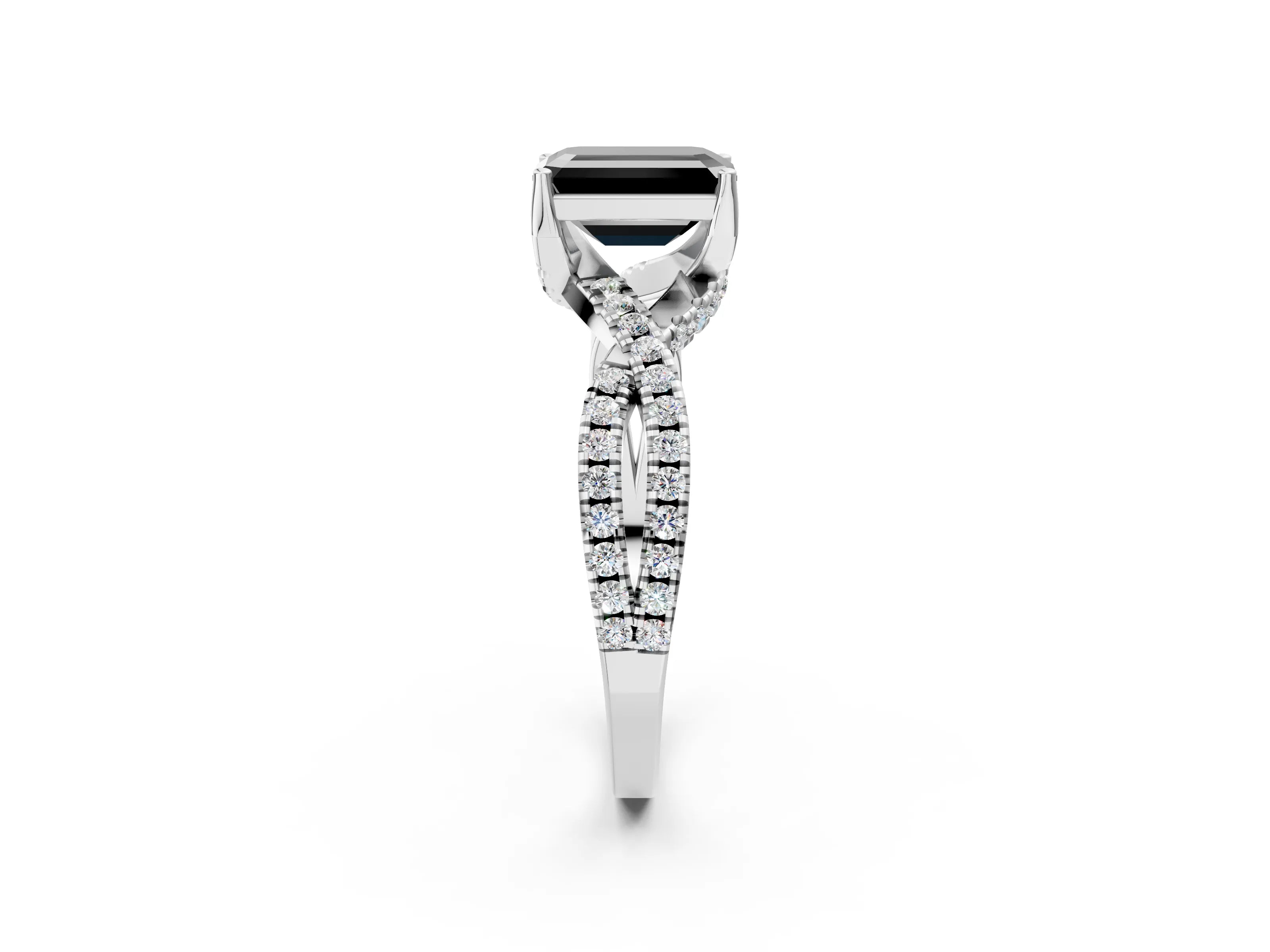 White gold Fancy Black Emerald Cut Solitaire Twist Pave Diamond Engagement Ring with Prong Setting_51