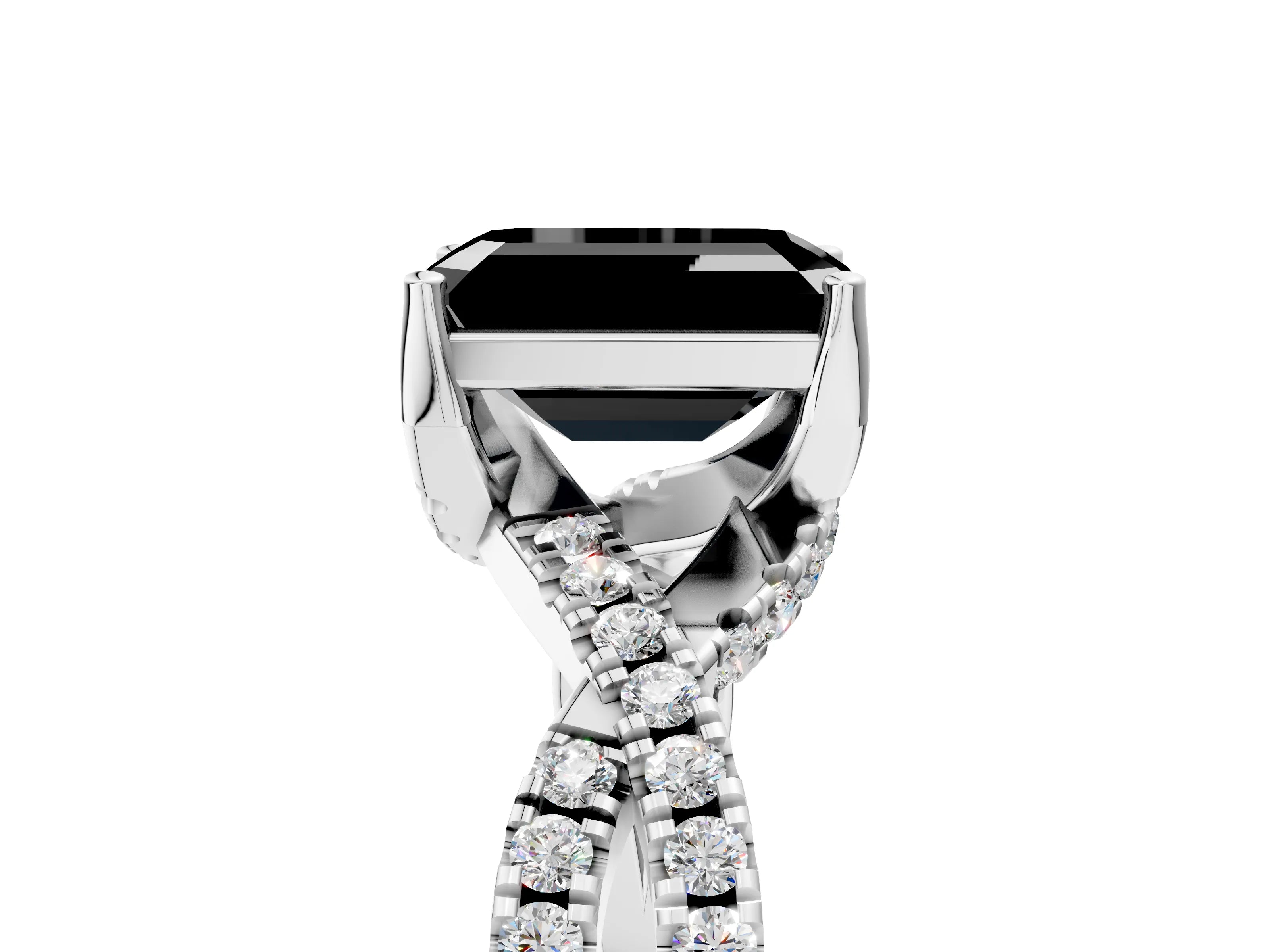 White gold Fancy Black Emerald Cut Solitaire Twist Pave Diamond Engagement Ring with Prong Setting_66