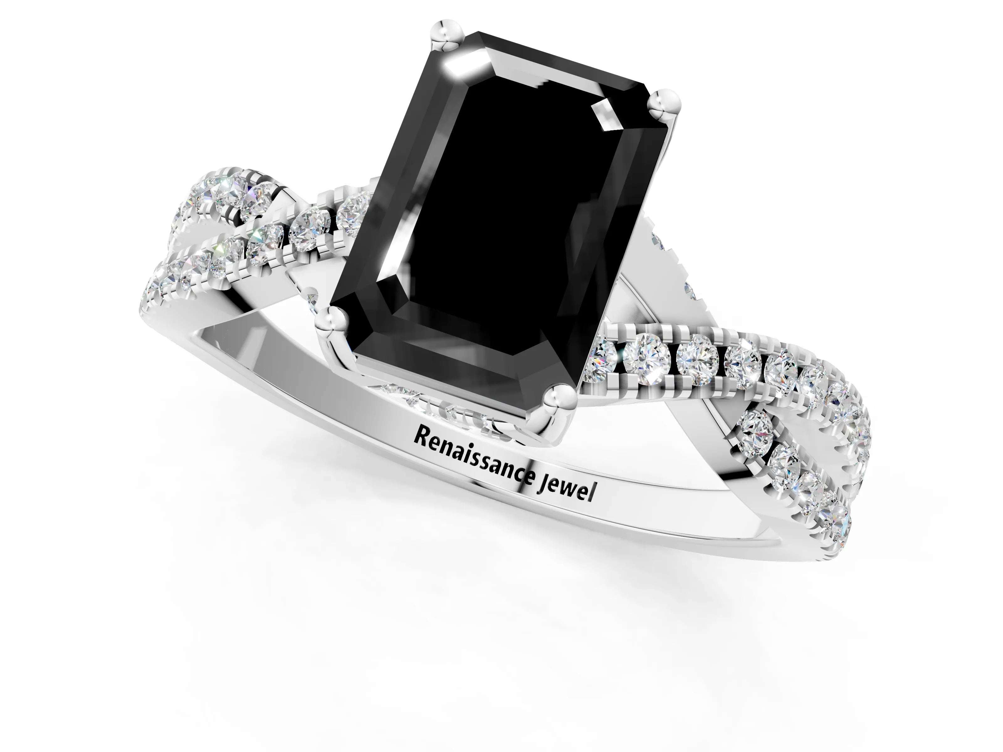 White gold Fancy Black Emerald Cut Solitaire Twist Pave Diamond Engagement Ring with Prong Setting_68