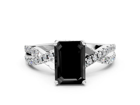 White gold Fancy Black Emerald Cut Solitaire Twist Pave Diamond Engagement Ring with Prong Setting_73